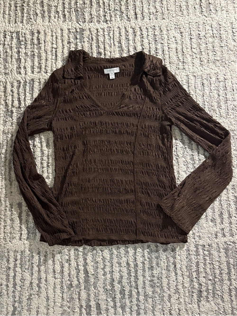 Topshop brown ruched collared long sleeve top shirt size S